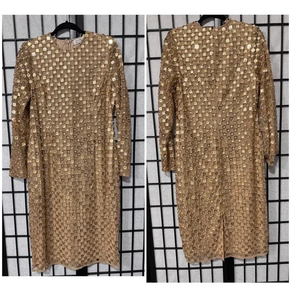 ✨ Mac Duggal Gold Beaded Georgette Long Sleeve Fitted Midi Dress ✨ size 14 - Picture 4 of 11